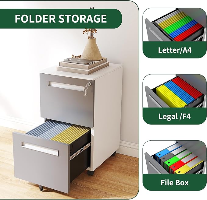 2-Drawer Small File Cabinet with Lock Under Desk Storage Cabinet Organizer Mobile Filing Cabinets for Home Office Locking Drawers Commercial UseWhite