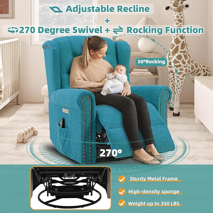 MEETWARM Power Swivel Rocking Glider Recliner Chair with Heat and Vibration Electric Rocker Nursery Reclining Chair Wingback Tufted Upholstered Recliner for Living Room Type-C &amp USB Ports (Teal