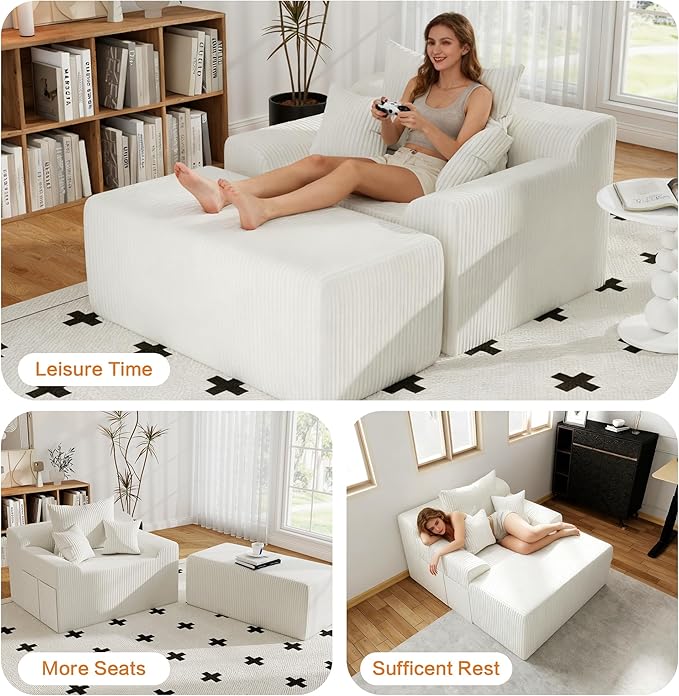 60'' Chaise Lounge Chair Indoor Oversized Upholstered Sofa Bed Sleeper Couch Reading Chairs Plush Corduroy Fabric Sofas Couches for Living Room (White)
