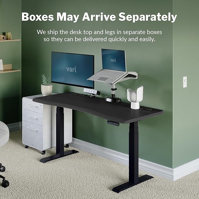 Vari Ergo 54x26 Electric Standing Desk + Height Adjustable Sit-Stand Desk + Curved Waterfall Edge 4 Memory Settings Quick Assembly Cable Management 200 lb Capacity – Black/Black Legs(2 Boxes)