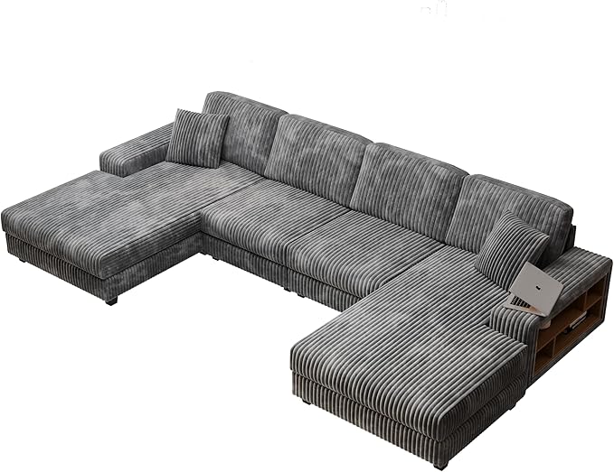 137” Oversized Corduroy Sectional Sleeper Sofa with Double Storage Chaise U Shaped 4 Seat Sectional CouchDark Gray