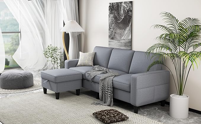 Couch for Living Room - 78'' Beige Linen 3 Seat L-Shaped Sectional Sofa Couches with Storage Ottoman - Modern Small Space Upholstered Furniture Sofa Set for Office Small Space Apartment (Grey-Linen)
