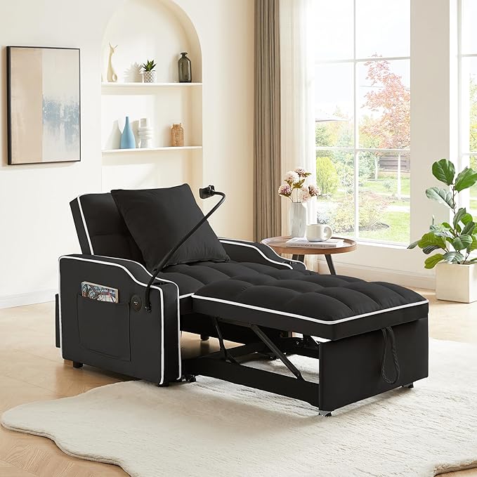 Convertible Sleeper Sofa Chair Bed 3 in 1 Tufted Velvet Pull Out Sleeper Chair with Adjustable Backrest &amp Phone Holder Modern Single Sofa for Living Room Small Spaces Apartment Black