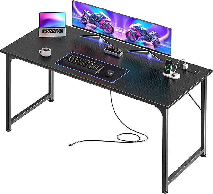 PRAISUN 55 X 20 Inch Office Computer Desk with Power Outlets and USB-C Port Larger and Longer Gaming Desk for Home Office Study Bedroom Writing Work from Home Table Metal Frame Black