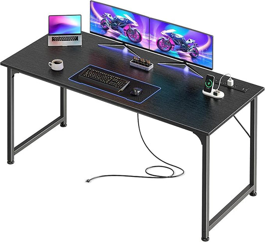 PRAISUN 55 X 20 Inch Office Computer Desk with Power Outlets and USB-C Port Larger and Longer Gaming Desk for Home Office Study Bedroom Writing Work from Home Table Metal Frame Black
