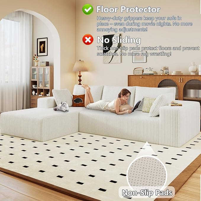 96 Modular Sectional Sofa Modern Corduroy Cloud Couch with Deep Seat Boneless Couch Upholstered 3-Seater L-Shaped Sofa for Living Room No Assembly Required (White Left-Facing Chaise)
