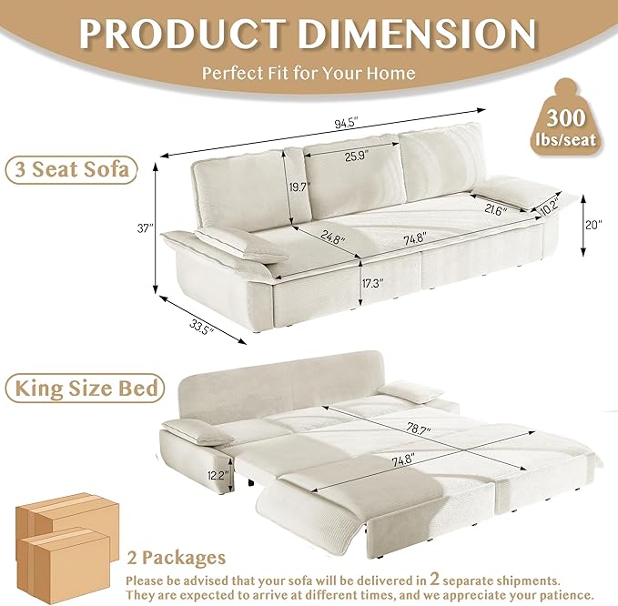 94.5'' Sleeper Sofa Bed King Size Modern Corduroy Pull Out Couch 3-in-1 Convertible Futon Sofa 3 Seater Couches Cloud Recliner Pillow Arm for Living Room Apartment Offices Beige