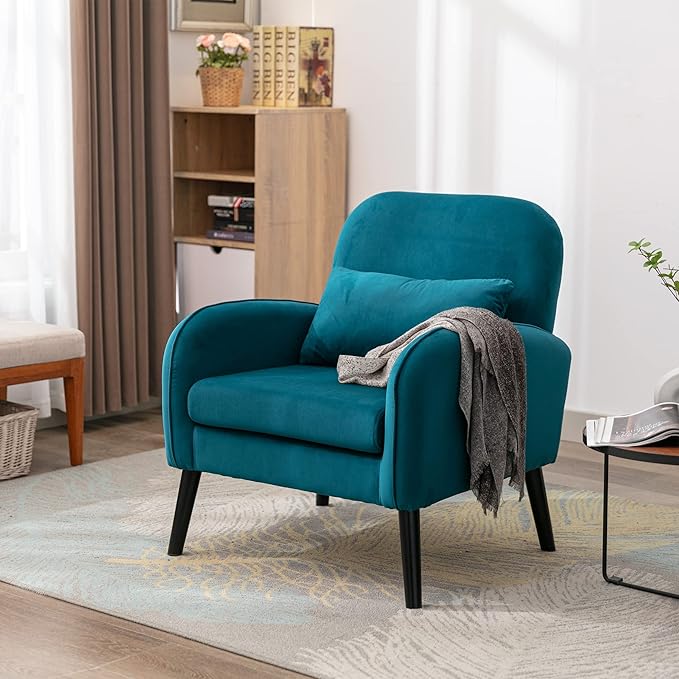 Mid Century Modern Accent ChairSingle Sofa Chair with Solid Wood Legs Comfy Fabric Upholstered Reading Armchair with A Soft Cushionfor Living Room BedroomApartmentOffice (Teal)