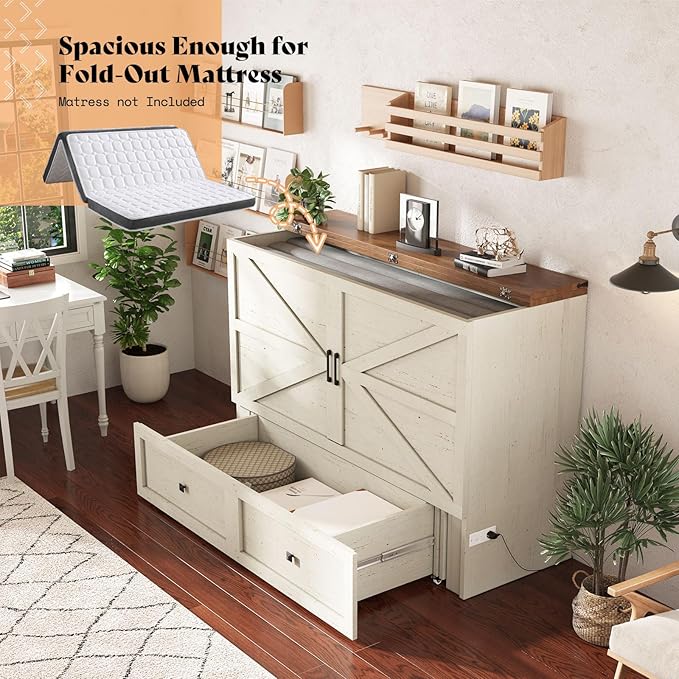 AMERLIFE Queen Murphy Bed with Storage &amp Charging Station Farmhouse Murphy Cabinet with Foldable Panel Noisy Free for Guest Bedroom Living Room Office Distressed White
