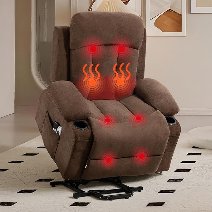 Power Lift Recliner Chair for Elderly People w/Vibration Massage and Lumbar Heat Oversized Recliner Chair Sofa for Adult with Cup Holder USB Charge Port for Living Room Bedroom Brown