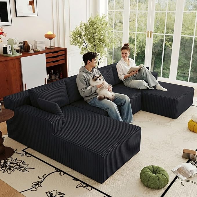 124 Corduroy U-Shaped Sectional Sofa Modern Modular Boneless 4-Seater Couch with 6 Pillows Upholstered Deep Seat DIY Cloud Sofa for Living Room No Assembly Required (Black)