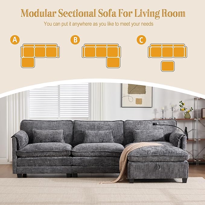 KEIKI 110 L-Shaped Boucle Modular Sectional Chenille Sofa with 1 Ottoman &amp Memory Foam Cushion &amp Phone Holder &amp USB Upholstered Modern Oversized 4-Seater Couch Easy Assembly for Living