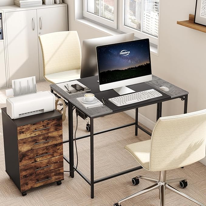 HOOBRO Computer Desk Home Office Desk with Power Outlet Modern Study Writing Desk with 3 Hooks for Study Room Home Office Sturdy and Stable Easy to Assemble Charcoal Gray and Black BC41UDN01
