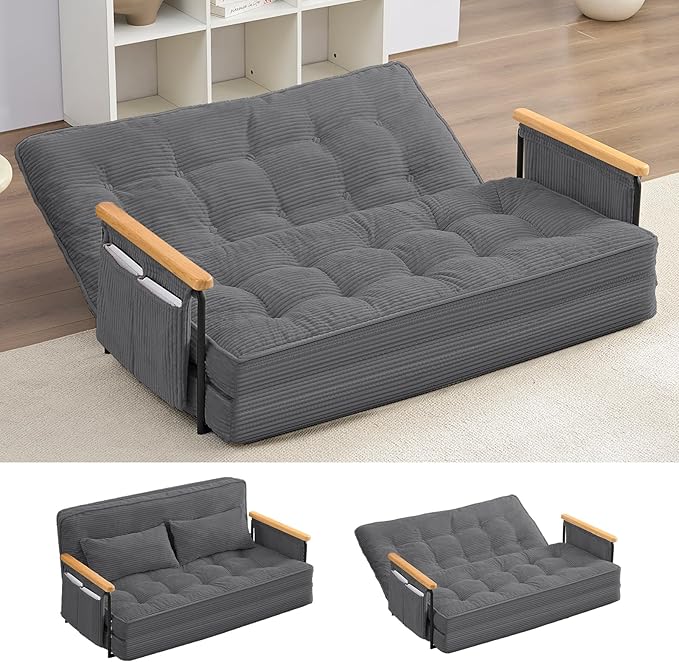 Mjkone 54 Adjustable Floor Couch with 2 Pillow Loveseat Sleeper Sofa with Side Pocket Multi-Functional Couch Bed 5 Position Lazy Sofa with Wooden Armrest for Living Room (Dark GrayLoveseat