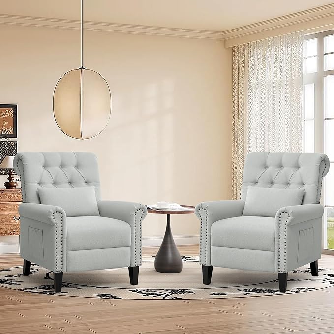 Pushback Recliner Chair Accent Push Back Chair Set of 2 with Adjustable Footrest Upholstered Linen Reclining Sofa with Side Pocket Comfy Modern Armchair for Living Room Light Grey