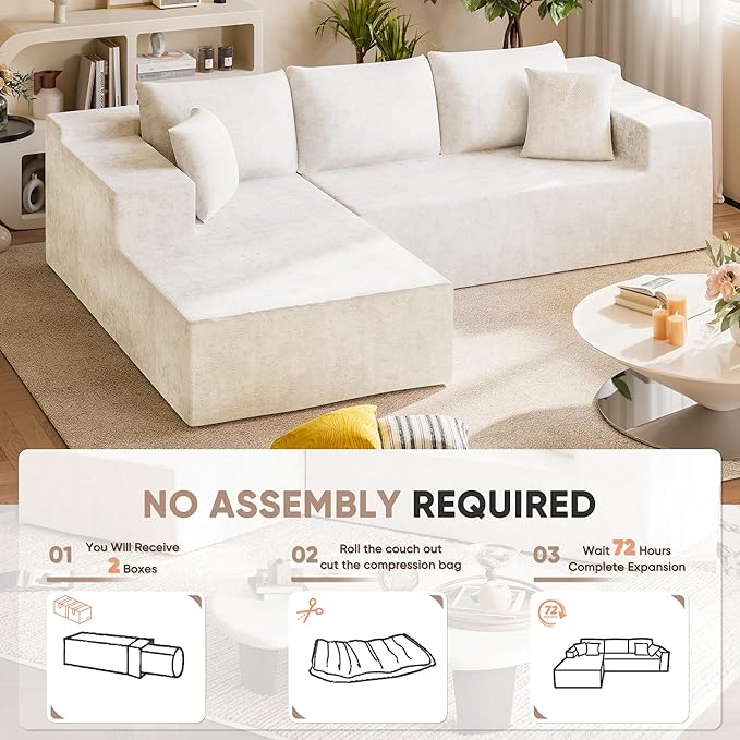 Homall 108 Modular Sectional Sofa Boneless Couch with L-Shape Chaise Cloud Couch with Deep Seat Upholstered No Assembly Required for Living Room Bedroom (Chenille Beige)