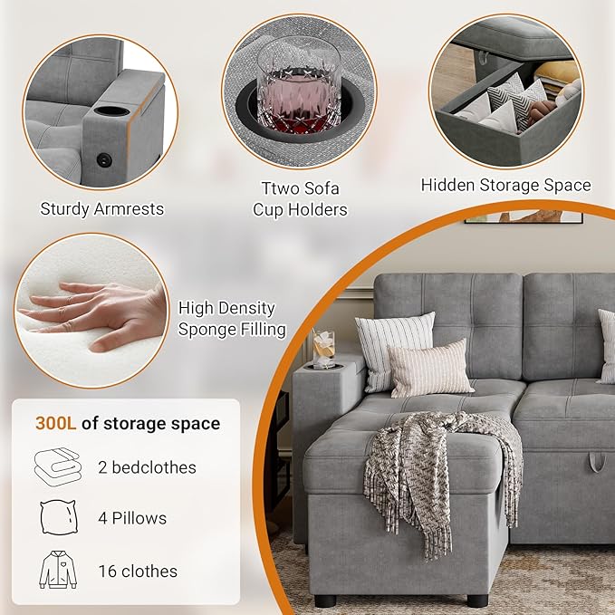 IDEALHOUSE U-Shaped Couches for Living Room Sofa Bed for Living Room with Reversible Storage Chaises and Hidden Storage Armrests Cup Holders and USB Charging Ports Included Light Grey