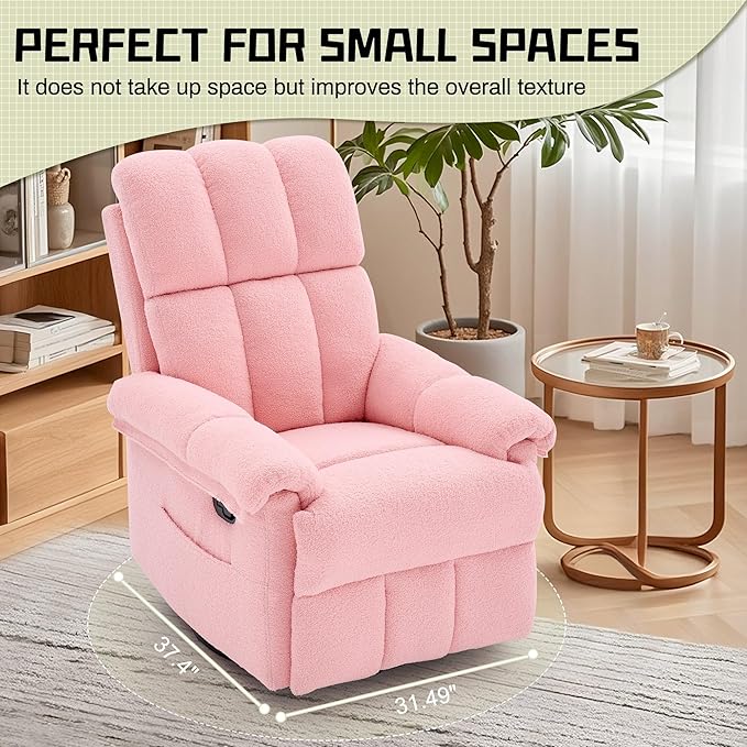 Recliner Chair Swivel Rocker Recliner Chair for Adults Small Recliners for Small Spaces Manual Recliner with Side Pockets Upholstered Nursery Rocking Chair for Living Room Sherpa Pink