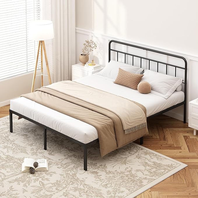 12 inches Full Size Bed Frame with Minimalist headboardMetal Platform Base with Strong Metal SlatsMattress Foundation for Under Bed StorageEasy AssemblyBlack