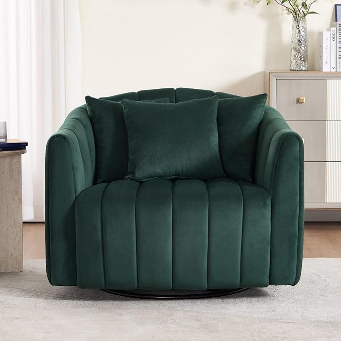 Mlmh &amp Kngwa 40.35 W Swivel Accent Chairs Oversized 360 Degree Swivel Barrel Chair with 3 Pillows Velvet Armchair for Living Room Bedroom Green