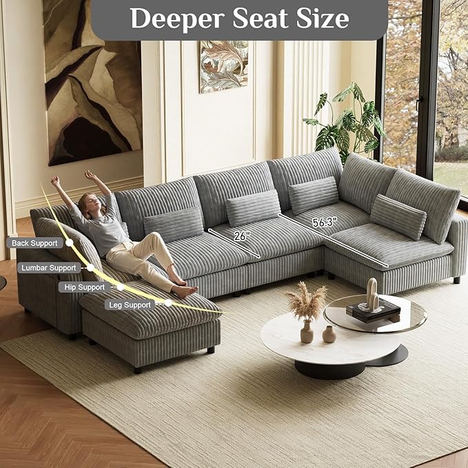 130 Oversized Cloud Couch Large Modular Sectional Sofa Modern U Shaped Sectional Couch 6 Deep Seat Sofa Set for Living Room Comfy Plush Corduroy Cloud Sofa with Ottoman USB Port Cup Holder Gray