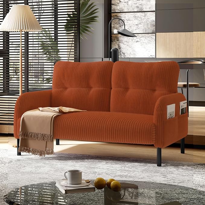 48 Small Loveseat Sofa for Small Space Corduroy Love Seat Couches with Black LegsComfy Couchs for Living Room Bedroom Apartment OfficeMid Century Modern Couch (Orange)