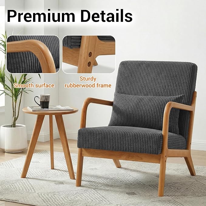 Accent Chair with Side Table Comfy Arm Chair with Solid Wood Frame Upholstered Mid-Century Modern Chair for Living Room Bedroom Waiting Room Gray
