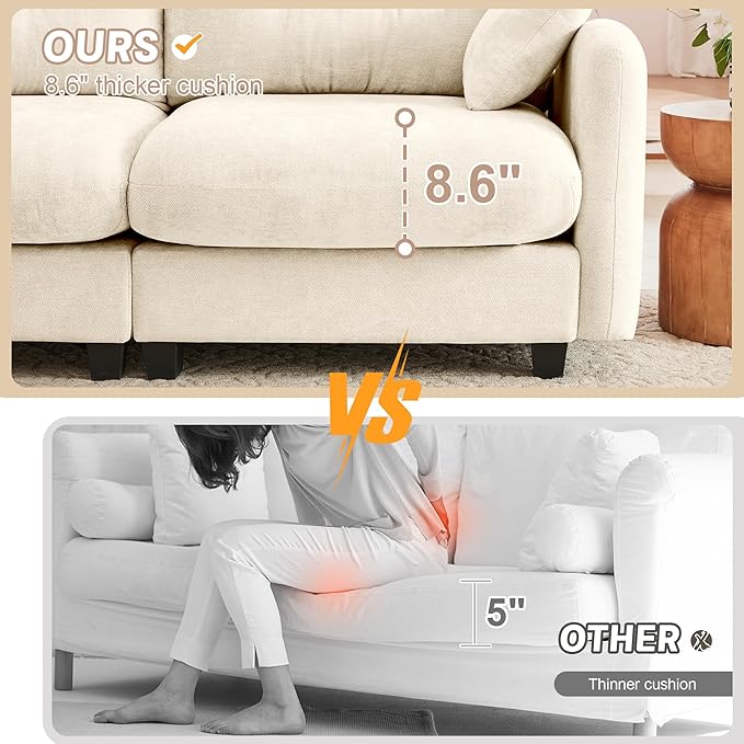 140 Modular Sectional Sofa Comfy U Shaped Cloud Couch with Ottoman Chenille Sofa Sleeper Deep Seat Sofas with Throw Pillows for Apartment-Beige