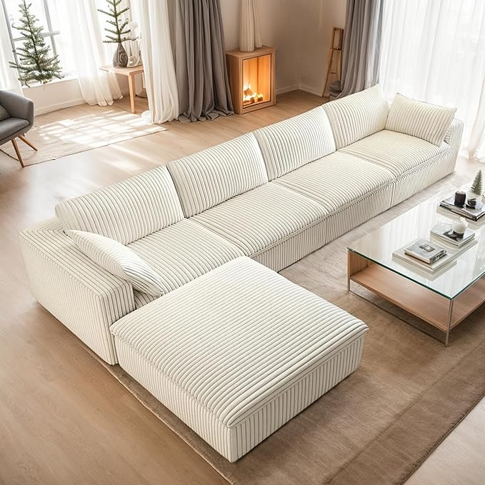 157.6 Modular Sectional Sofa Cloud Couch with Ottoman Modern Fluffy Boneless Couch Deep Seat Upholstered Sofa for Living Room Furniture Bedroom and Apartment (White 4S &amp L Shape) | Plush Cord
