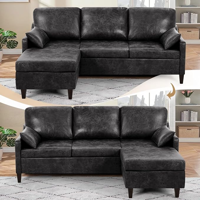76 Sectional Sofa Couch w/Reversible Chaise Suede Leather L Shaped Sofa w/USB Charger Ports &amp Storage Bag Convertible Modern Couch w/Storage Space for Living Room Small Space Black
