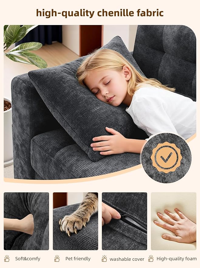 Loveseat Sofa for Living RoomModern Couch with Removable Chenille CoversWide ArmrestsSide PocketsUSB/Type-C Charging PortsEasy Assembly (70 inchGrey)