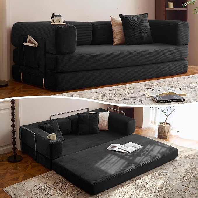 78.8 Convertible Sofa Bed - Compression Sofa with Corduroy Fabric - with Armrests and Backrest - Modular Sectional for Living Room Bedroom Studio - Compression Sofa in Box (Black)