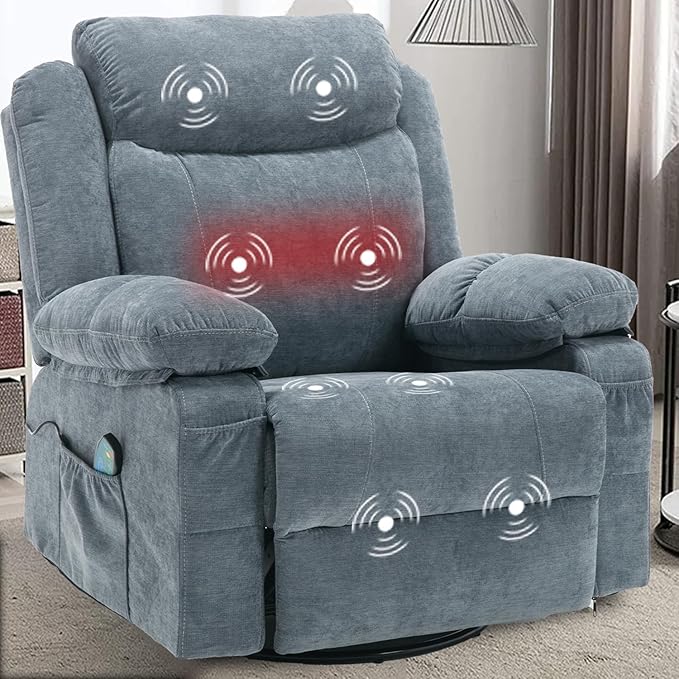 Swivel Rocker Recliner Chair Overstuffed Fabric Massage Recliner Chairs with Heat for Adults Oversized Reclining Sofa Manual Home Theater Rocking Recliner Lounge ChairsBlue