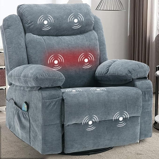 Swivel Rocker Recliner Chair Overstuffed Fabric Massage Recliner Chairs with Heat for Adults Oversized Reclining Sofa Manual Home Theater Rocking Recliner Lounge ChairsBlue