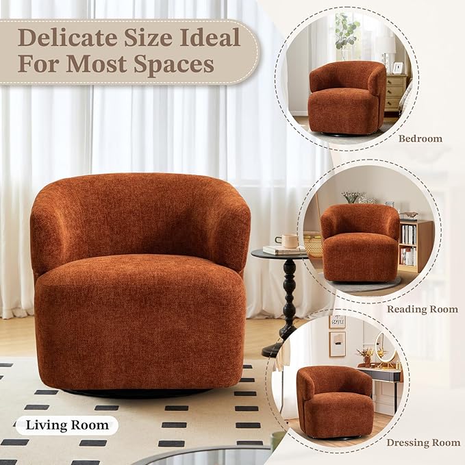 Swivel Accent Chair360°Rotating Modern Barrel Accent ChairSmall Round Arm ChairsModern Swivel Barrel Chair for Apartment/Living Room/Bedroom (Burnt Orange)