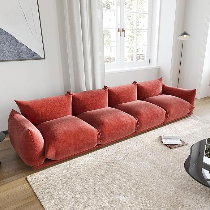 JACH Mid-Century Modern Large 4 Seater Couch Chenille Sectional Sofa 4 Seats Modular Couches with Thick Cushion 130 Plush Sofas Furniture for Living Room Bedroom Office Apartment Red