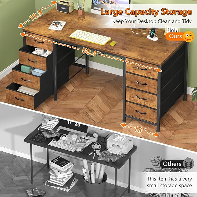 50 Inch Computer Desk with 8 Drawers Home Office Desk with Power Outlets Work Study Gaming Desk with 8 Fabric Drawers Rustic Brown