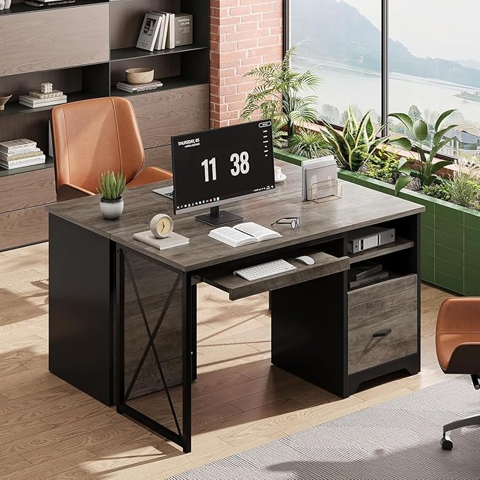 Bestier 47 Office Desk with Drawers Industrial Computer Desk with Drawer Reversible Teacher Desk with Storage &amp Keyboard Tray for Small Space Home Office &amp Studio Gray Wash