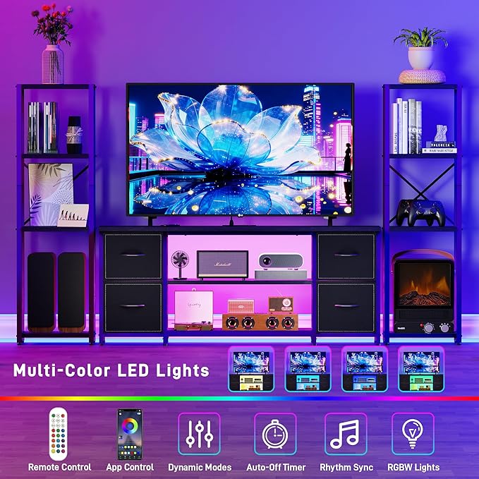 LED TV Stand 60 Inch for Living Room with Charging Station Farmhouse Entertainment Center with 2 Industrial Bookshelves Modern Console Cabinet with Storage Drawers (Black)
