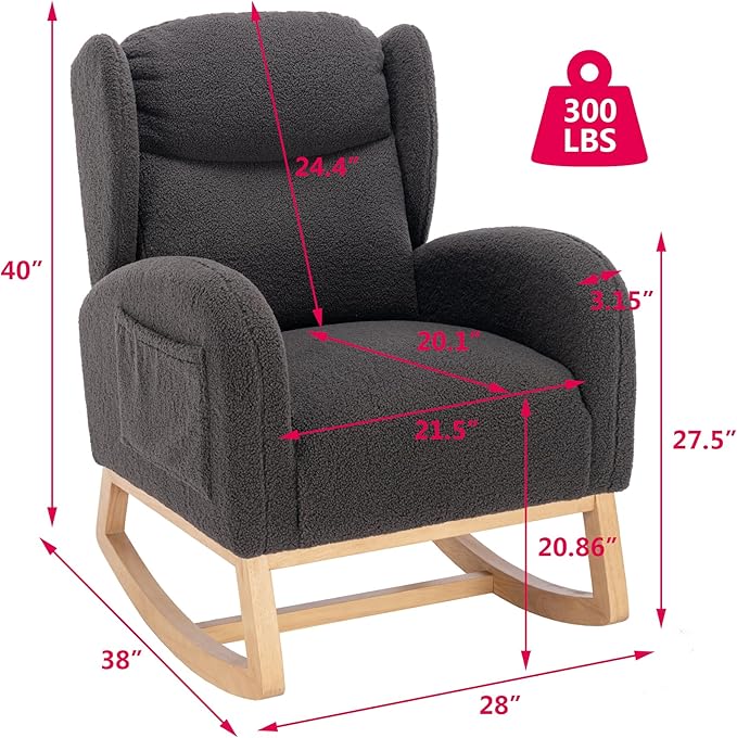 Setawix Teddy Rocking Glider Chair for NurseryUpholstered Living Room Rocker Arm ChairLeisure Sherpa Wingback ArmchairMid Century Modern Rocking Accent Chair with Side Pockets (Wingback Dark Grey)