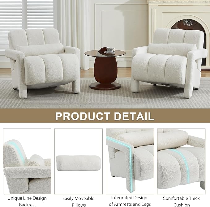 LOULENS Accent Chair Set of 2 Sherpa Cute Furry Fabric Teddy Chair with Thick Cushion and Pillow Single Sofa for Living Room Comfy Armchair for Bedroom Apartment Waiting Room Beige