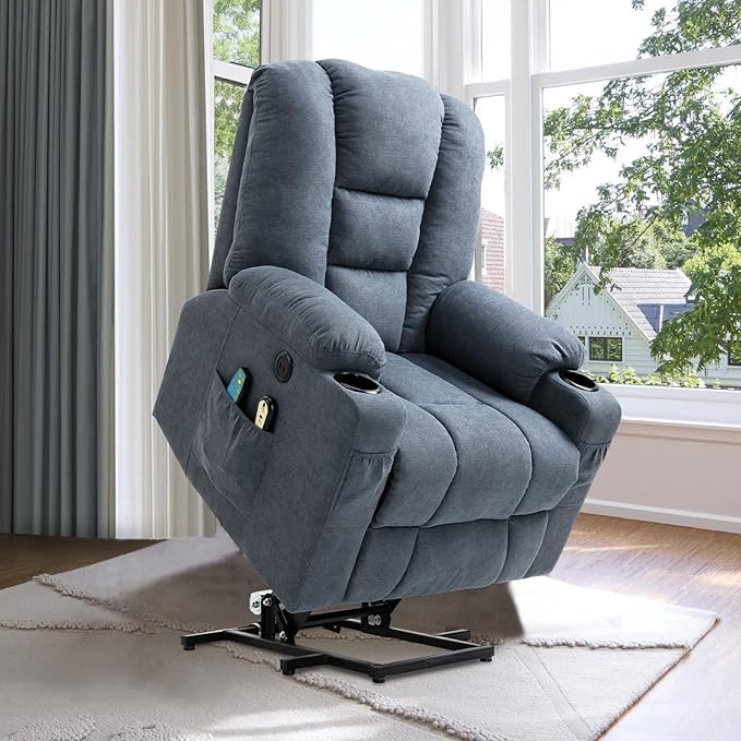 VIVIJASON Power Lift Chair Electric Recliner for Elderly Heated Vibration Massage Soft Fabric Recliner Chair with 2 Remote Controls USB Ports Side Pockets &amp Cup Holders for Living Room (Blue)