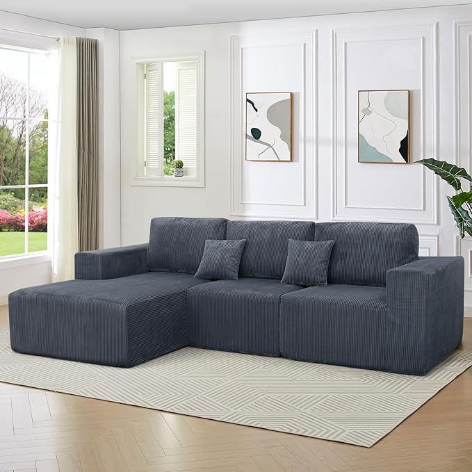 3 Pieces Boneless Couches for Living Room L-Shape Chaise Cloud Couch Modular Sectional Deep Seat 111 Compressed Couches for Living Room Bedroom Plush Corduroy Fabric No Assembly Required Dark Grey
