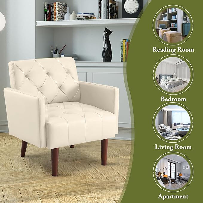 Modern Accent PU Chair Living Room Chair Upholstered Single Sofa with 4 Sturdy Legs Contemporary Reading Chair for Living Room Reading Room Bedroom (Cream)