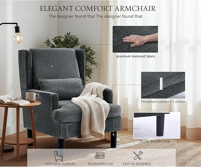 Modern Accent Chair for Living Room Chairs Oversized Reading Chair Accent Chairs for Living Room Sofa Chair with High Back and Wood Legs Upholstered Armchair Comfy Chair for Bedroom(Dark Green)
