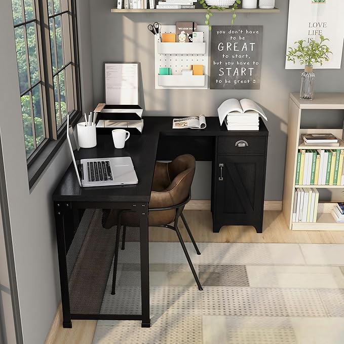 24/7 Shop at Home Holbrook Traditional 1 Drawer Wood L-Shaped Computer Desk with 2 Adjustable Shelves 1 Cabinet Door for Workstation Home Office Study Room Black