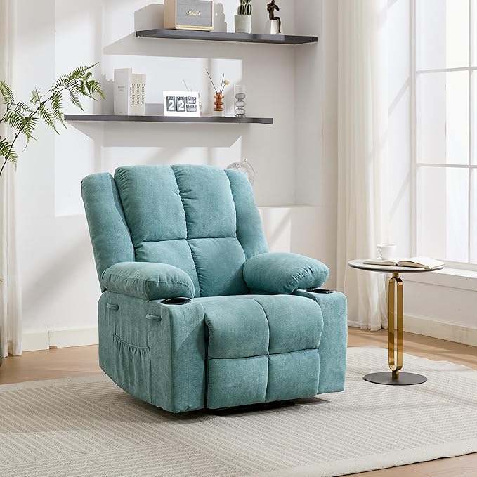 Manual Recliner Chair with Heating &amp MassageErgonomic Overstuffed Breathable Fabric Reclining Chair with Side PocketsQ235 Steel Frame Lazy Boy Recliner Single Sofa for Living Room Bedroom