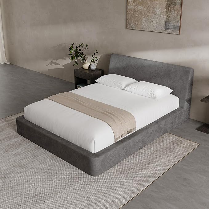 RECCI AirFrame Queen Bed Frame with Ergonomic Angled Foam Cushioned Headboard Minimalist Design Platform Bed Frame No Box Spring Needed Easy Assembly (Moon Grey)