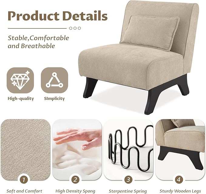 Upholstered Armless Accent ChairModern Comfy Living Room Chairs with Wooden Legs&amp PillowsLounge Sofa Side Chair for Bedroom Farmhouse Reading (Brown 1 PC)
