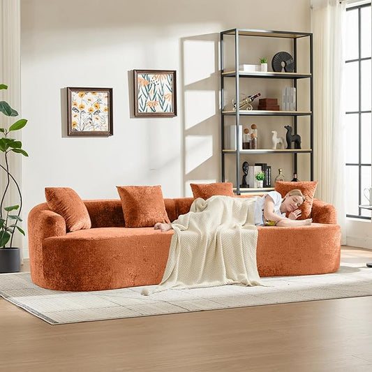 Curved Sectional Couch 110 Chenille Cloud Sofa with 4 Pillows 4-Seater Sleeper Sofa for Living Room Apartment Full Compression Sponge (Orange 110 Inch)